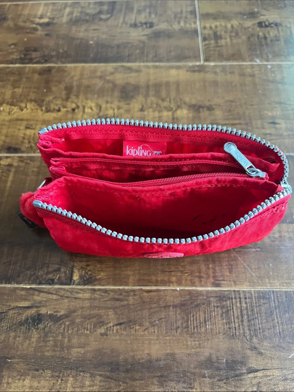 Kipling Bright Red Zip Pouch with Monkey Charm